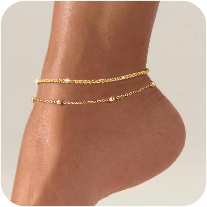 Ankle Bracelets for Women, Glitter Waterproof Adjustable Anklet for Women, 14K Gold Plated/Sterling Silver Layered Anklets, Summer Beach Anklet Jewelry for Women Gift