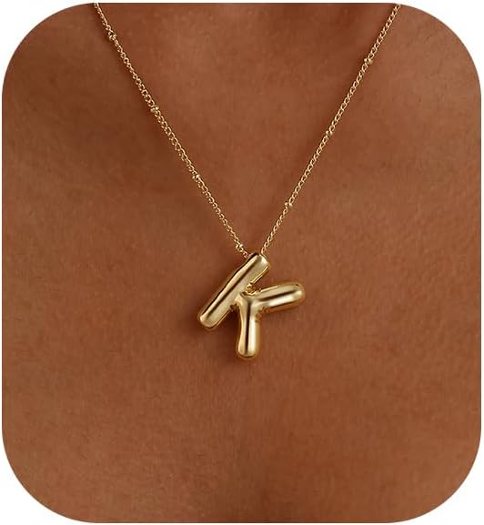 Bubble Gold Letter Necklace, 14k Gold Plated Balloon Initial Pendant, Dainty Chunky Custom Name Necklace for Women