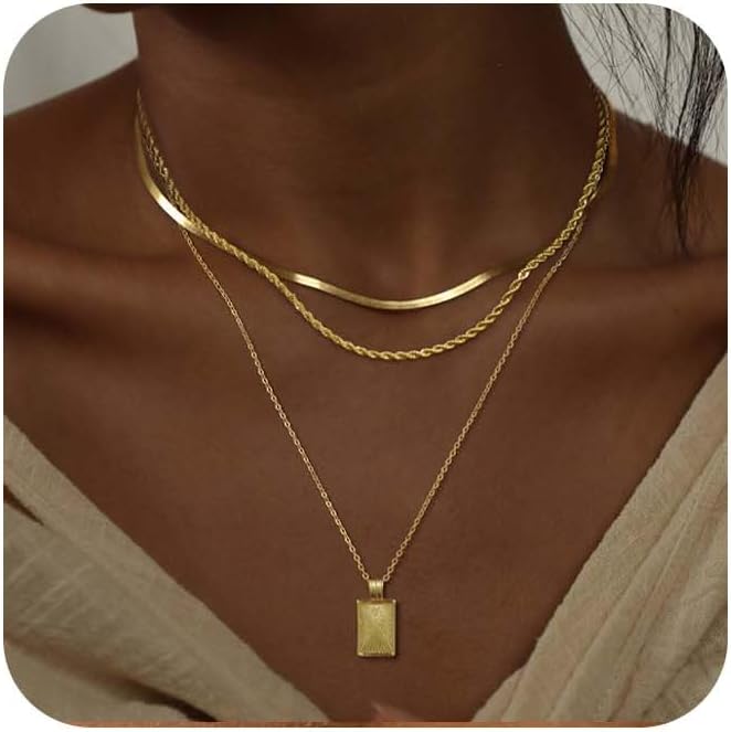 "GOLD SILVER NECKLACES FOR WOMEN - 14K REAL GOLD PLATED STACKABLE CHAIN, DIAMOND CIRCLE CZ PENDANT, TRENDY JEWELRY SET GIFT"