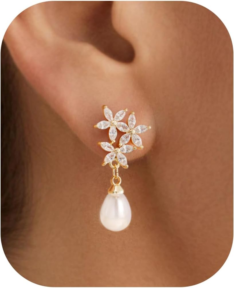 Pearl Earrings: 14k Gold-plated Cubic Zirconia Accented Pearl Drop Dangle Wedding Engagement Earrings For Women Bridal Bridesmaid