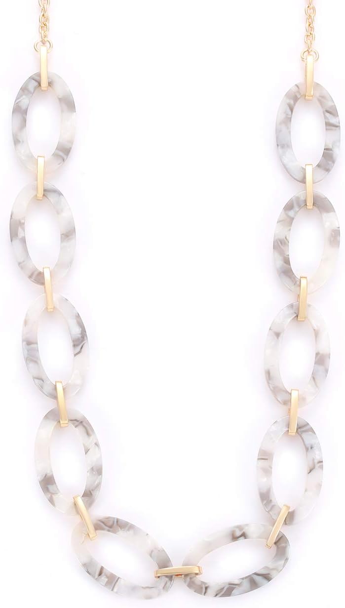for Women: Leopard & Tortoise Print Acetate Collar Necklace with Metal Oval Resin Chain