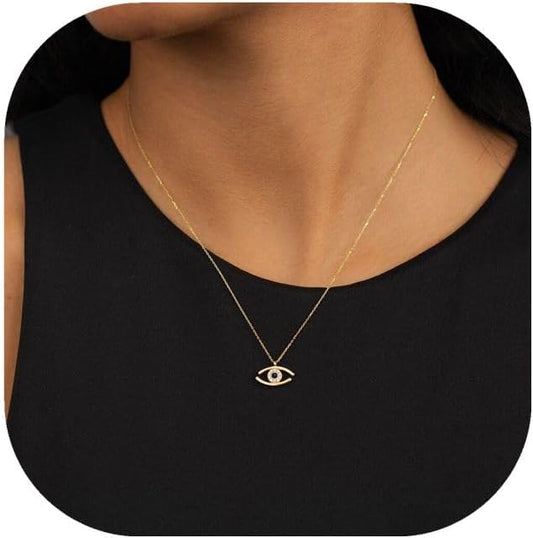 Evil Eye Necklace: 14K Gold Plated Blue CZ Diamond Boho Pendant for Women, Protection Gift