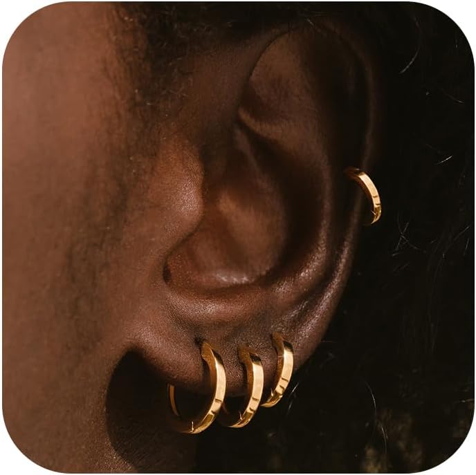 Small Gold Huggie Hoop Earrings Set for Women Men Hypoallergenic 14K Plated Stack Cartilage Earrings, Multiple Piercing