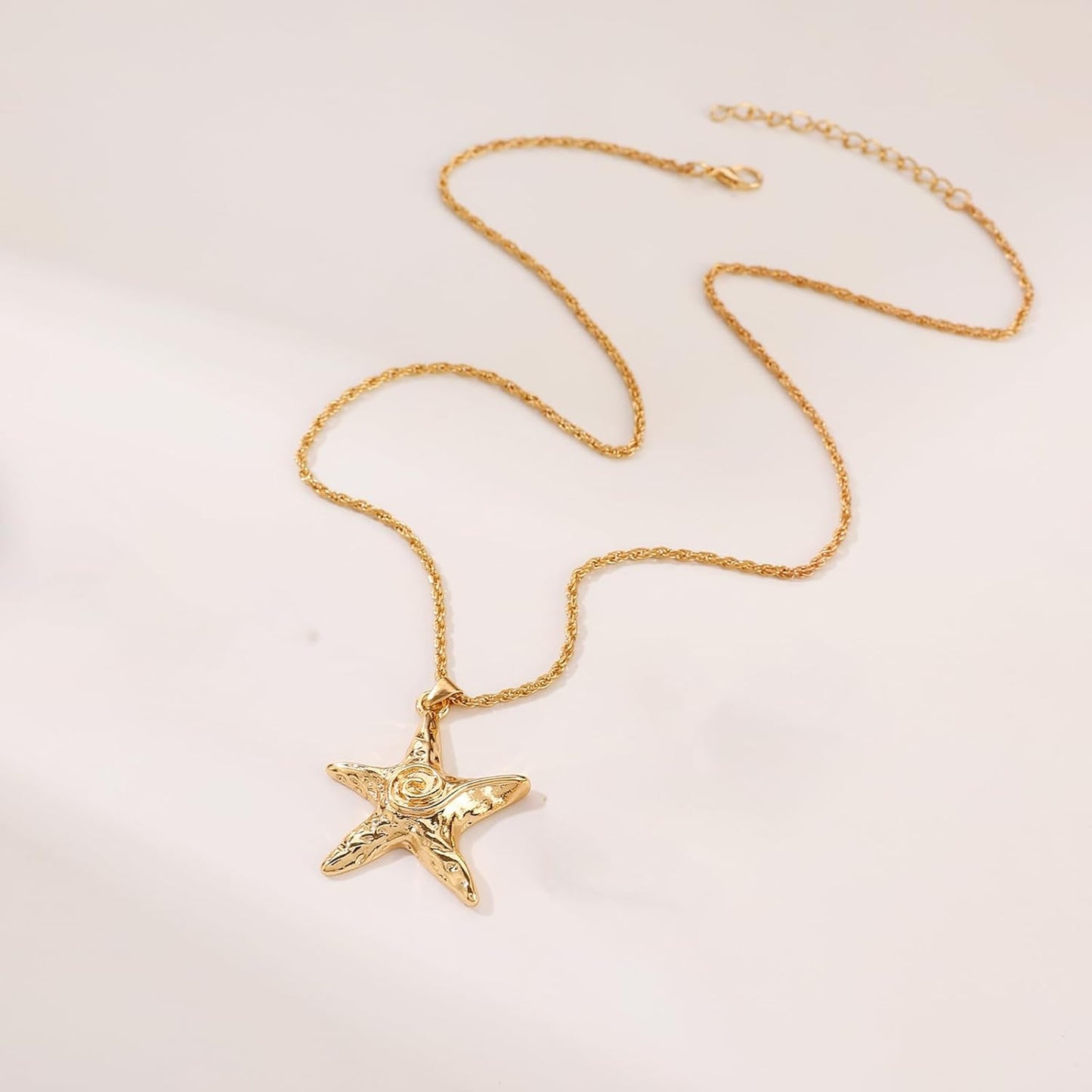 Starfish & Gold Swirl Pendant Necklace - Beach Vacation Seashell Charm, Ocean Theme Adjustable Chain for Women, Summer Jewelry Gift
