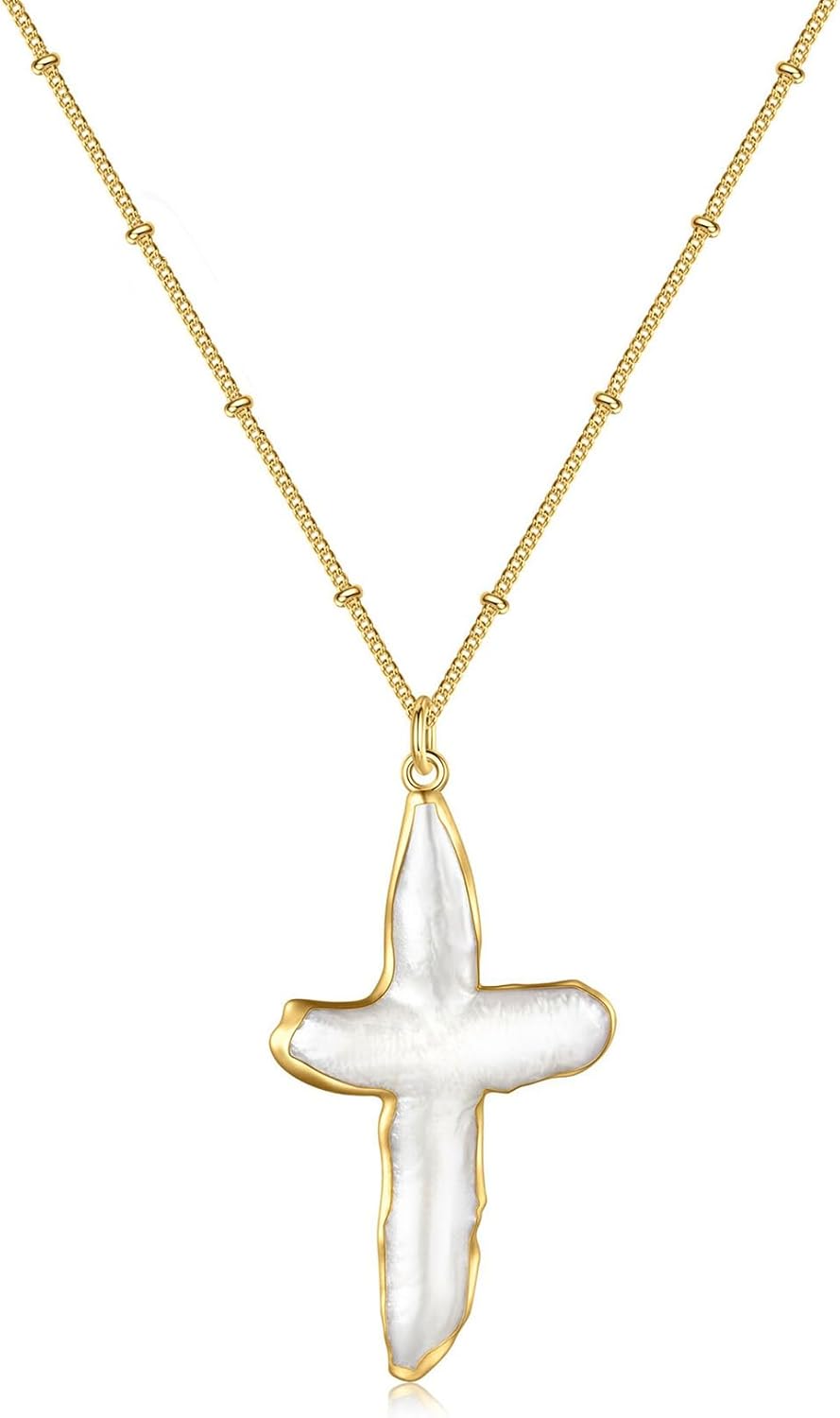 Freshwater Baroque Pearl & Gold Cross Necklace - Chunky Statement Sideways Pendant for Women/Men, Natural Christian Religious Gift