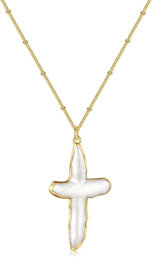 Freshwater Baroque Pearl & Gold Cross Necklace - Chunky Statement Sideways Pendant for Women/Men, Natural Christian Religious Gift
