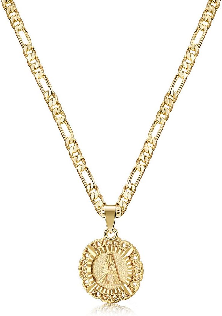 "14K Gold Plated Initial Necklace for Women, Round Letter Pendant A-Z Monogram with Figaro Chain, Alphabet Jewelry"