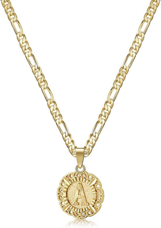 "14K Gold Plated Initial Necklace for Women, Round Letter Pendant A-Z Monogram with Figaro Chain, Alphabet Jewelry"