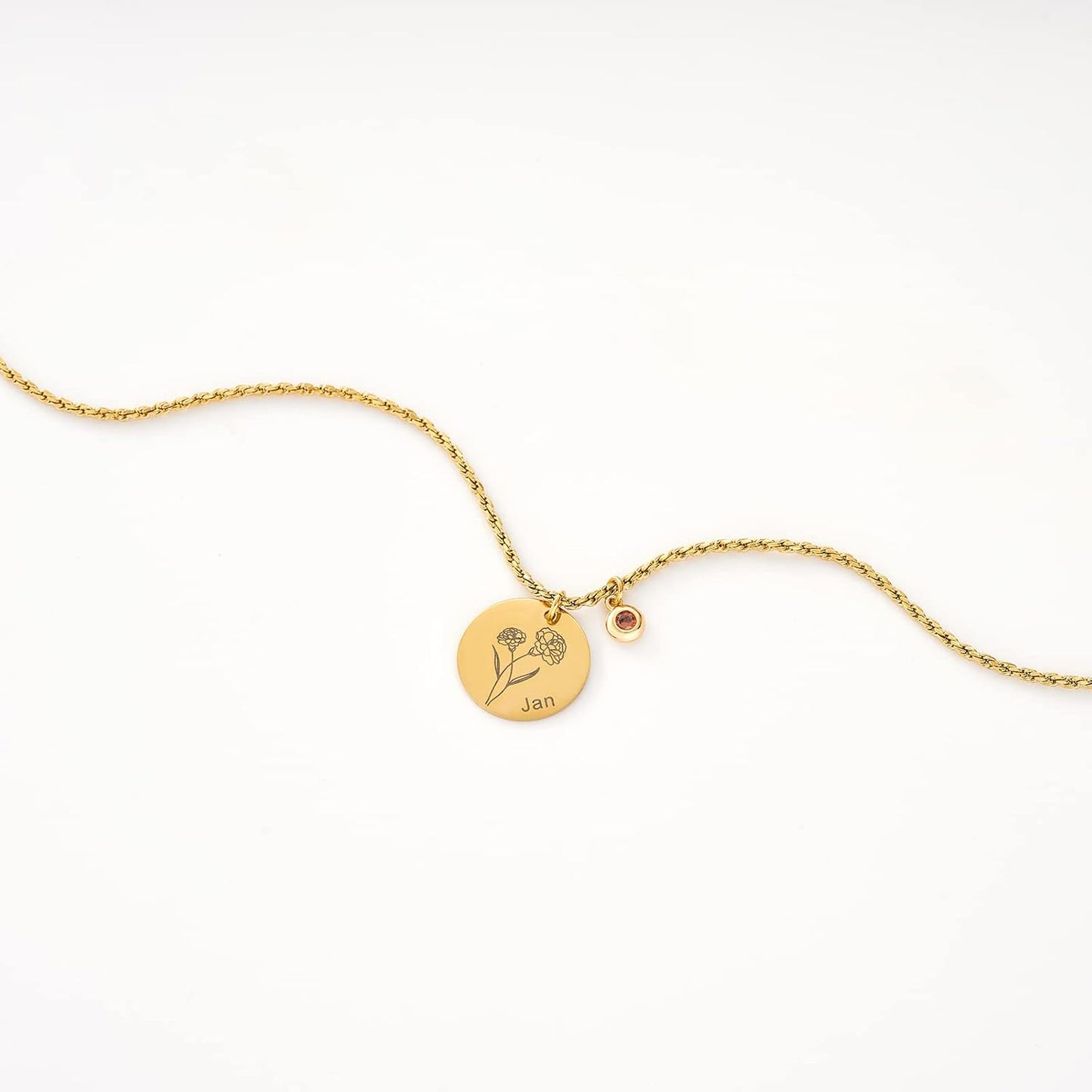 18K Gold Carnation Birth Flower Necklace – Dainty 2MM Twist Chain with Birthstone Pendant