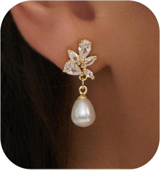 Pearl Earrings: 14k Gold-plated Cubic Zirconia Accented Pearl Drop Dangle Wedding Engagement Earrings For Women Bridal Bridesmaid