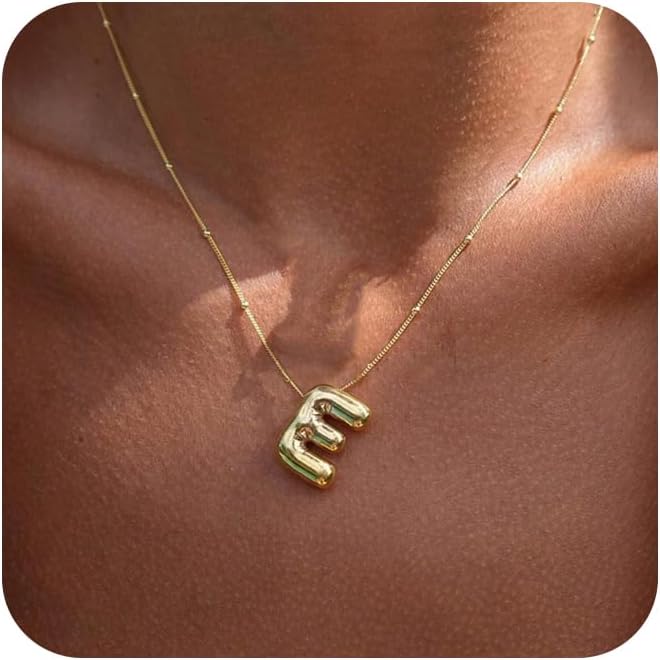 Bubble Gold Letter Necklace, 14k Gold Plated Balloon Initial Pendant, Dainty Chunky Custom Name Necklace for Women