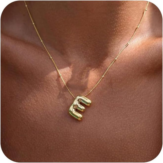 Bubble Gold Letter Necklace, 14k Gold Plated Balloon Initial Pendant, Dainty Chunky Custom Name Necklace for Women