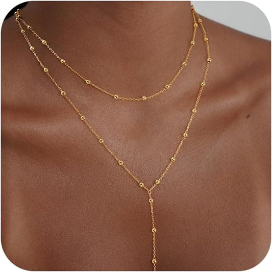 Dainty Y-Shape Lariat Body Chain: 14K Gold Plated Non-Tarnish Layered Necklace & Choker Set for Women