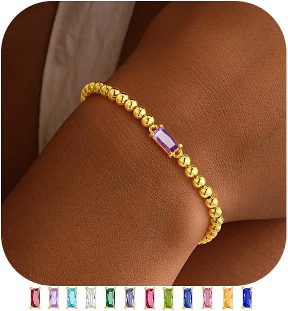 Dainty Birthstone Bracelet for Women - Elastic 14K Gold Plated Bead Bracelets Trendy Friendship Birthday Jewelry Gifts for Women