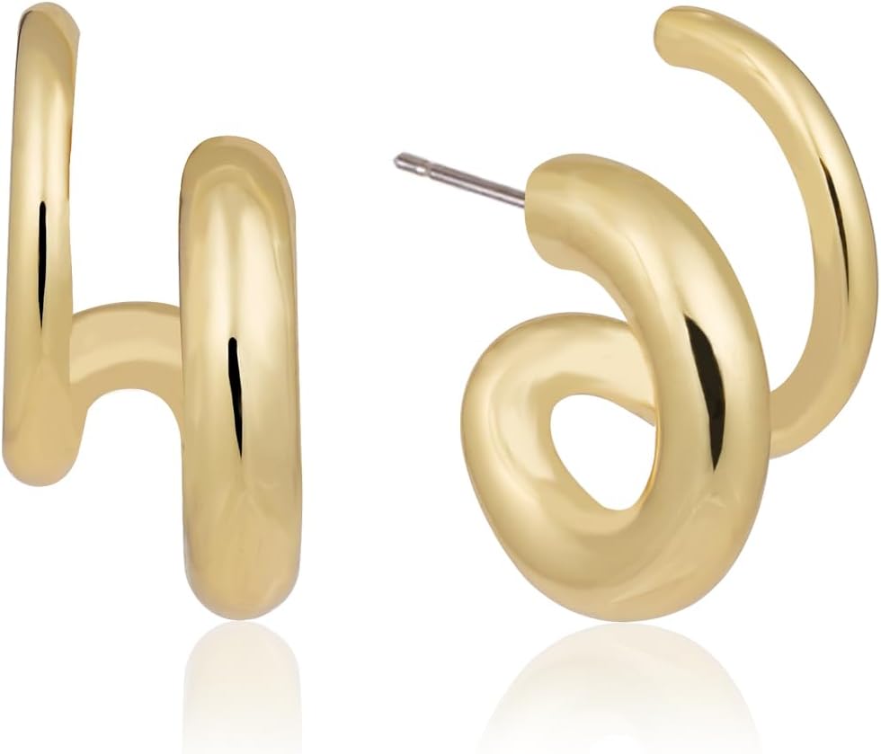 14K Gold Plated Triple Huggie Illusion Stud Earrings | Double Huggie Hoop Earrings for One Hole | Gold Hoop Earrings for Women