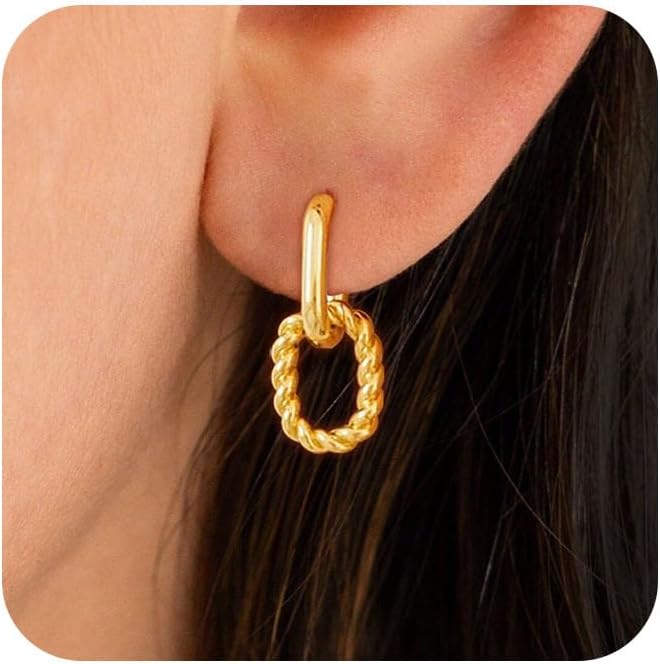 Gold Earrings for Women Trendy, Simple Dainty 14K Gold Plated Paperclip Square Chain Link Dangle Pin Stud Huggie Earrings Lightweight