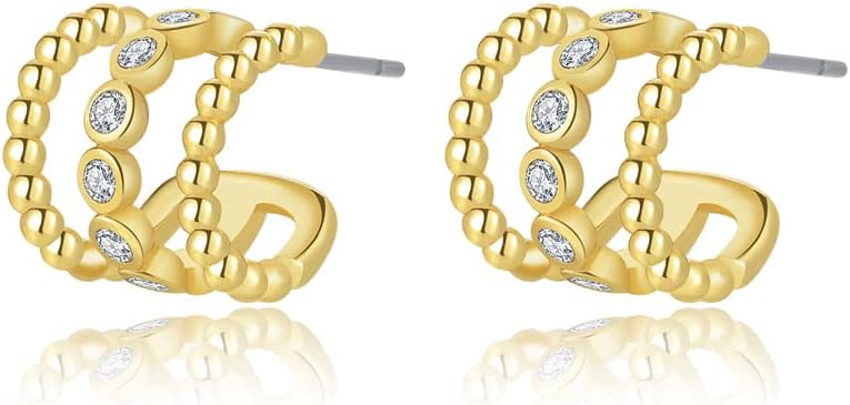14K Gold Plated Triple Huggie Illusion Stud Earrings | Double Huggie Hoop Earrings for One Hole | Gold Hoop Earrings for Women