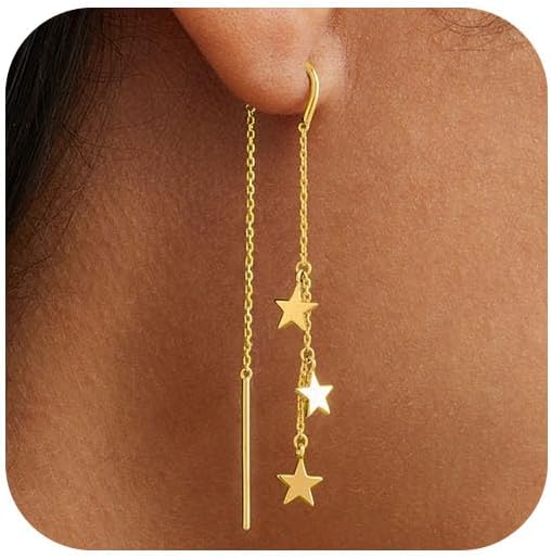Dangle Threader Earrings for Women: Dainty 14k Gold Plated Drop Long Chain Earrings Trendy  Non Tarnish Elegant Cubic