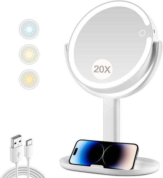 Makeup Mirror with Lights,20X Magnifying Mirror Vanity Mirror 2-Sided Lighted Magnified Mirror