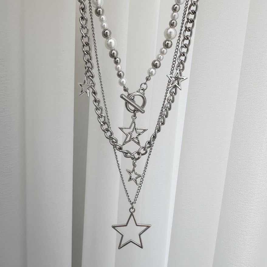 Y2K Star Pendant Necklace - Silver Layering Toggle Chain for Women