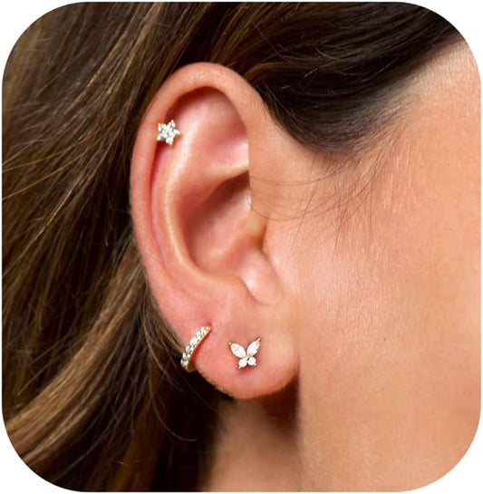 Freekiss 3 Pairs Gold Hoop Earrings Set: Dainty Stud Earrings Trendy Small 14K Gold Plated Hypoallergenic Dangle Cartilage
