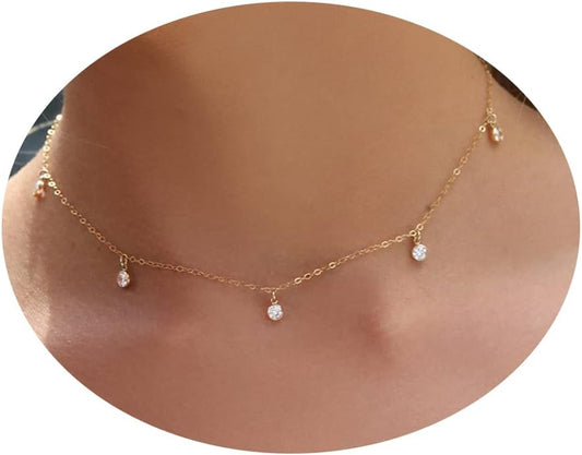 Diamond Choker Necklace for Women: Dainty 14K Gold/Sterling Silver Gold Plated CZ Jewelry, Trendy Gift