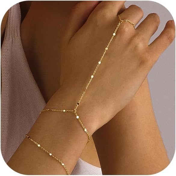 Bracelets for Women 14K Gold Silver Plated Ring Bracelet Hand Chain Dainty Evil Eye Heart Clover
