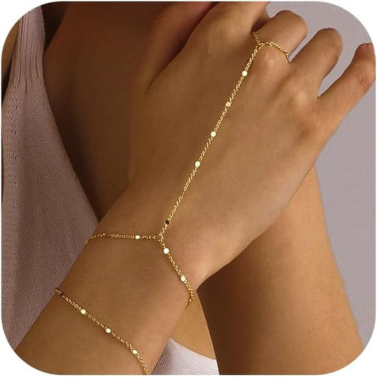 Bracelets for Women 14K Gold Silver Plated Ring Bracelet Hand Chain Dainty Evil Eye Heart Clover