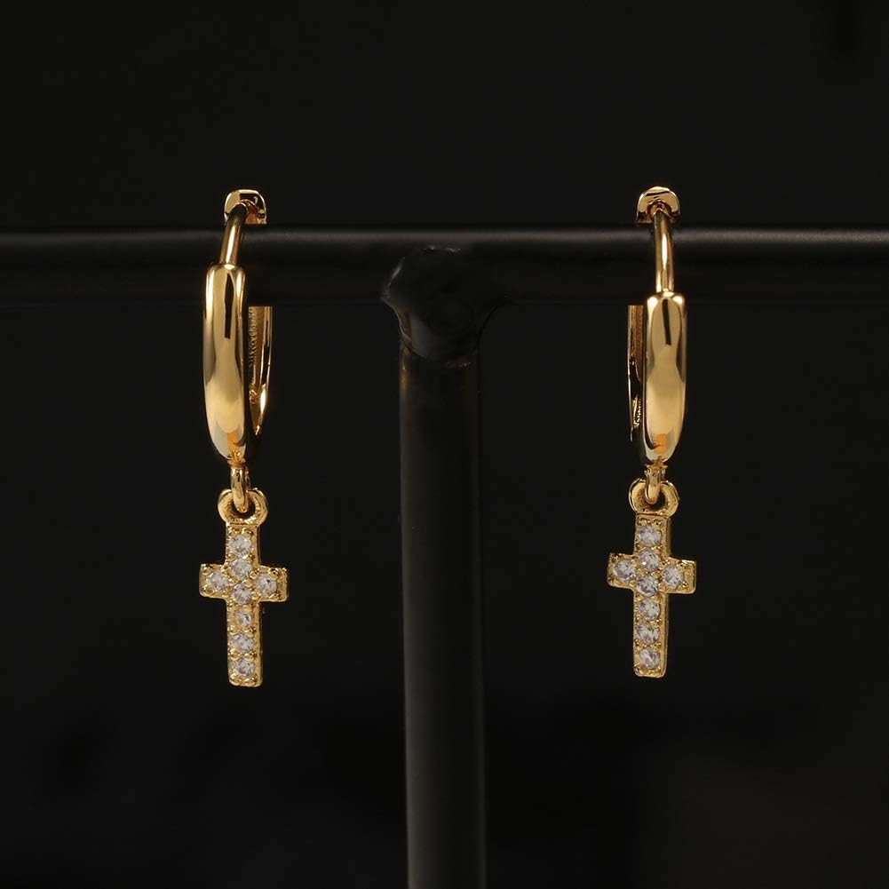 Gold Huggie Small Hoop Earrings with Charm Personalized /Star/Cross/Lock/Key 18k Gold Plated Crystal Drop Dangle Earrings for Women