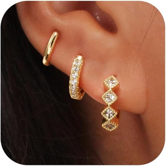 Gold Hoop Earrings Set for Women Trendy, 14K Gold Plated Chunky Hypoallergenic Small Diamond Cartilage Hoops Cute Cubic