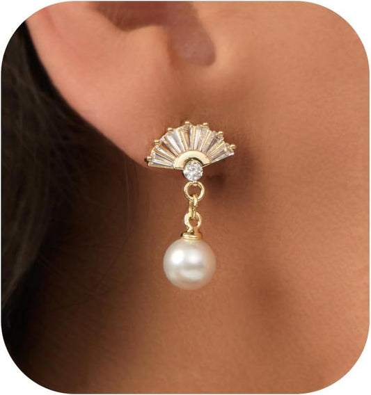 Pearl Earrings: 14k Gold-plated Cubic Zirconia Accented Pearl Drop Dangle Wedding Engagement Earrings For Women Bridal Bridesmaid