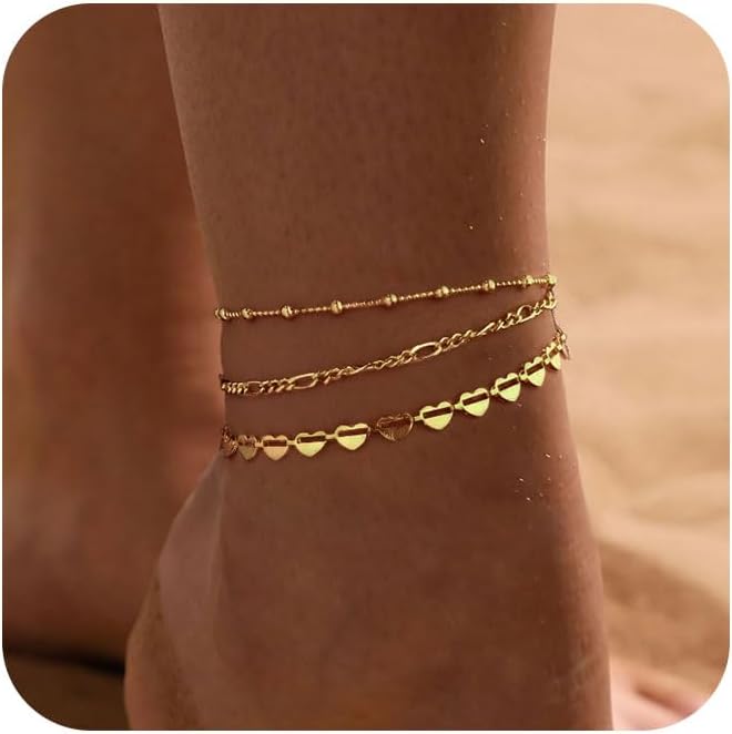 Gold Ankle Bracelets for women,14k Gold/Silver Plated Waterproof Layered lightweight Cuban Link Figaro Chain Heart anklet butterfly anklet Pearl Ankle Bracelets Set Gold Anklets for women Trendy Jewelry Gift for Women