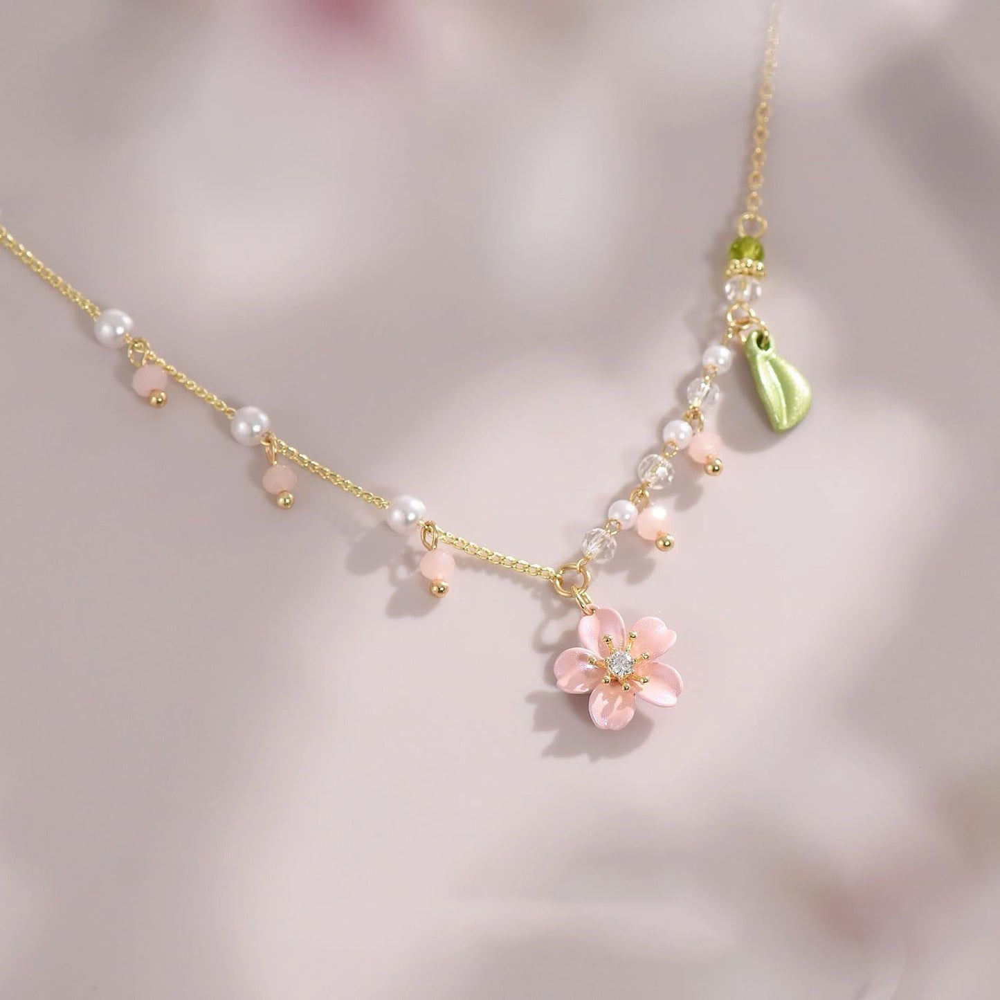 Lily of The Valley Pearl Necklace Cheery Blossm Daisy Green Paint and Lily Flower Pearl Pendant Floral Charm Pink Flower Wedding Jewelry for Women