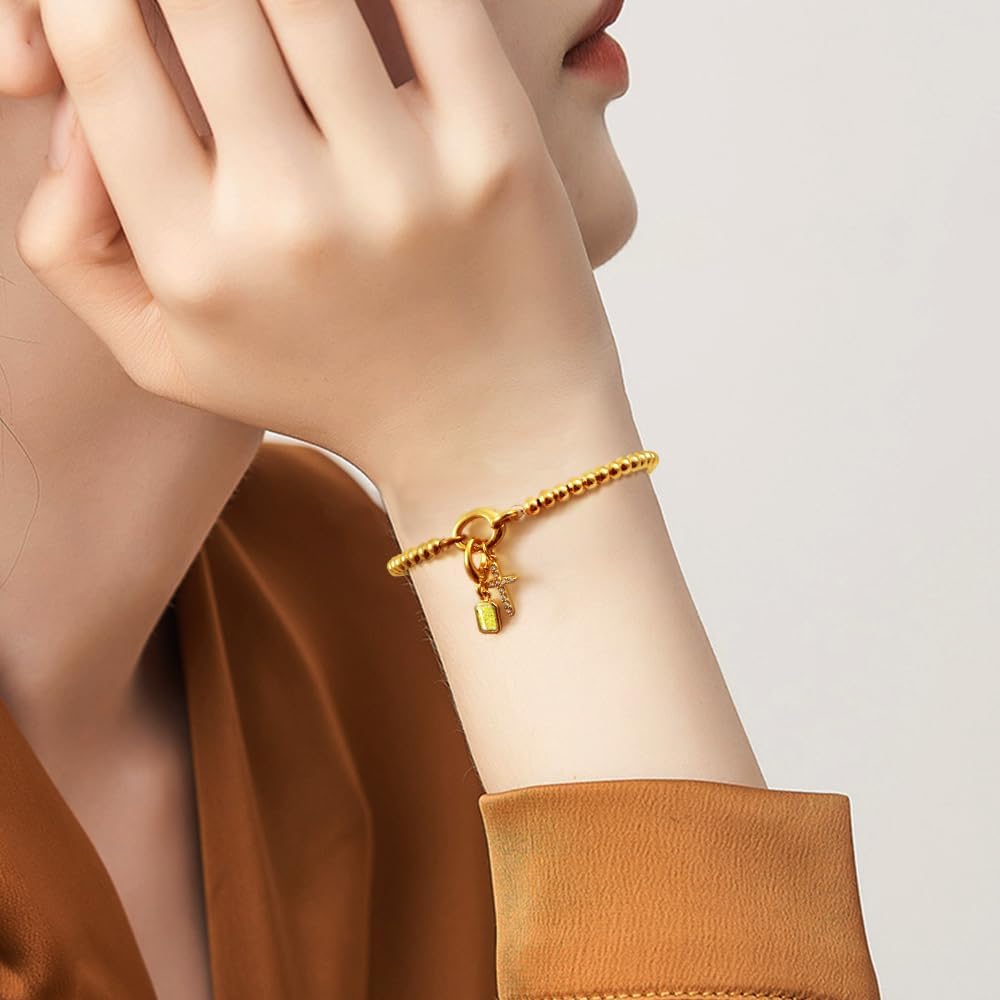 Free bird Cross Birthstone Bracelet | Dainty 14K Gold Plated Cross Charm Bracelet | Stretchable Elastic Gold Beaded Bracelet