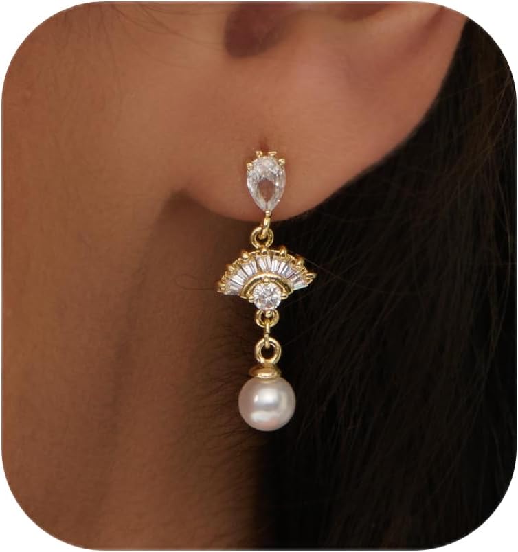 Pearl Earrings: 14k Gold-plated Cubic Zirconia Accented Pearl Drop Dangle Wedding Engagement Earrings For Women Bridal Bridesmaid
