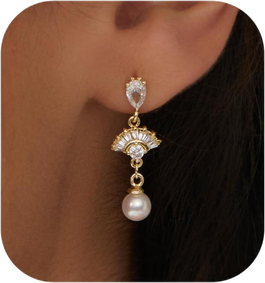 Pearl Earrings: 14k Gold-plated Cubic Zirconia Accented Pearl Drop Dangle Wedding Engagement Earrings For Women Bridal Bridesmaid