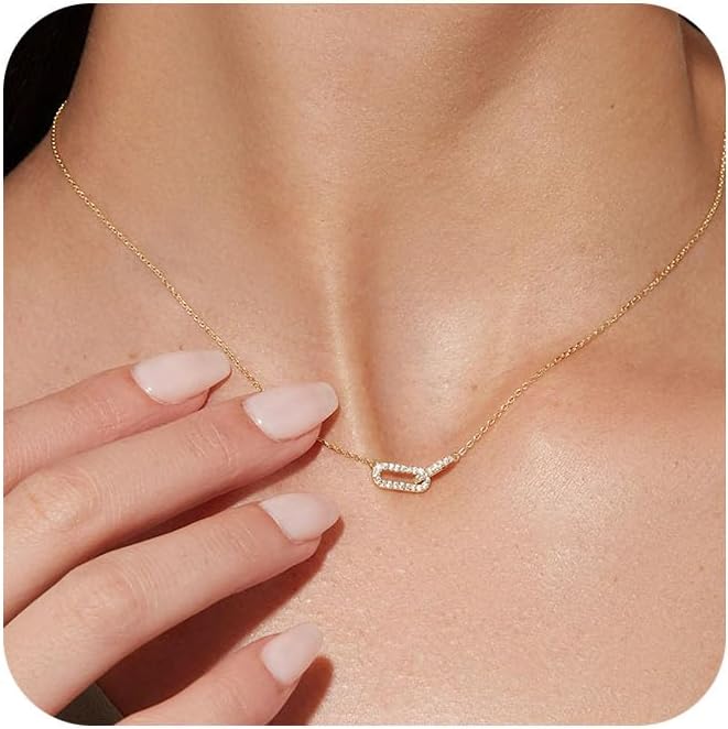 "Freekiss Gold Pendant Necklace for Women - Dainty 14K Gold Plated Paperclip Choker, Minimalist Open Oval Diamond Necklace, Cute Jewelry Gift"