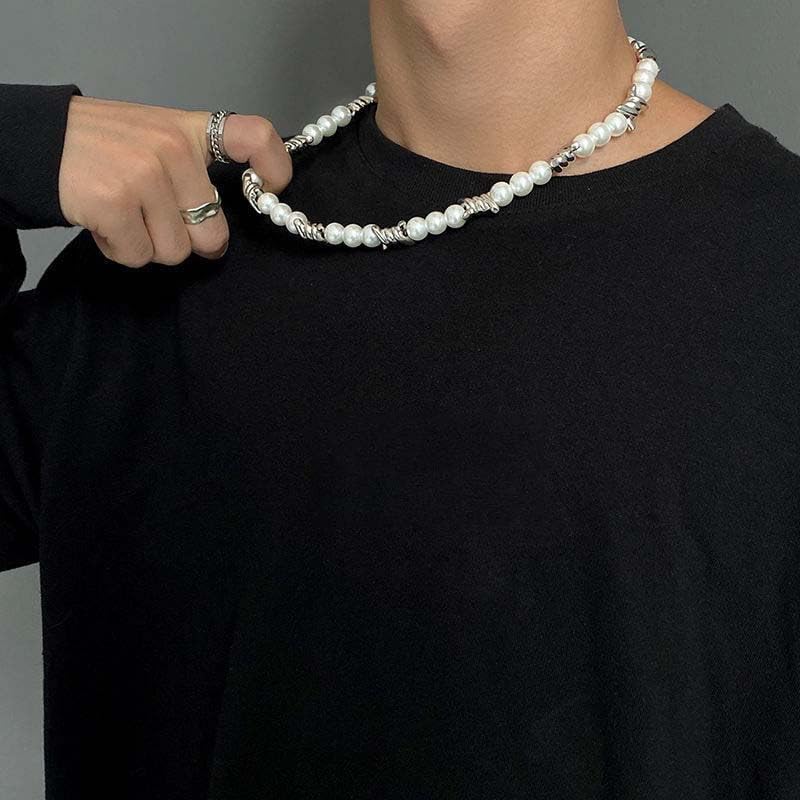 Adjustable Barbed Wire Necklace - Black Pearl Punk Gothic Chain for Men & Women