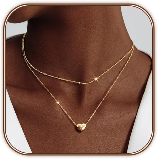 Layered Heart Necklace: 14K Gold Plated Puffy & Chunky Heart Pendants - Adjustable Dainty Choker for Her