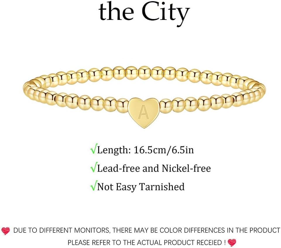 Gold Initial Beaded Bracelets for Women,14K Gold Plated Heart Letter Bracelets Handmade Ball Bead Bracelet