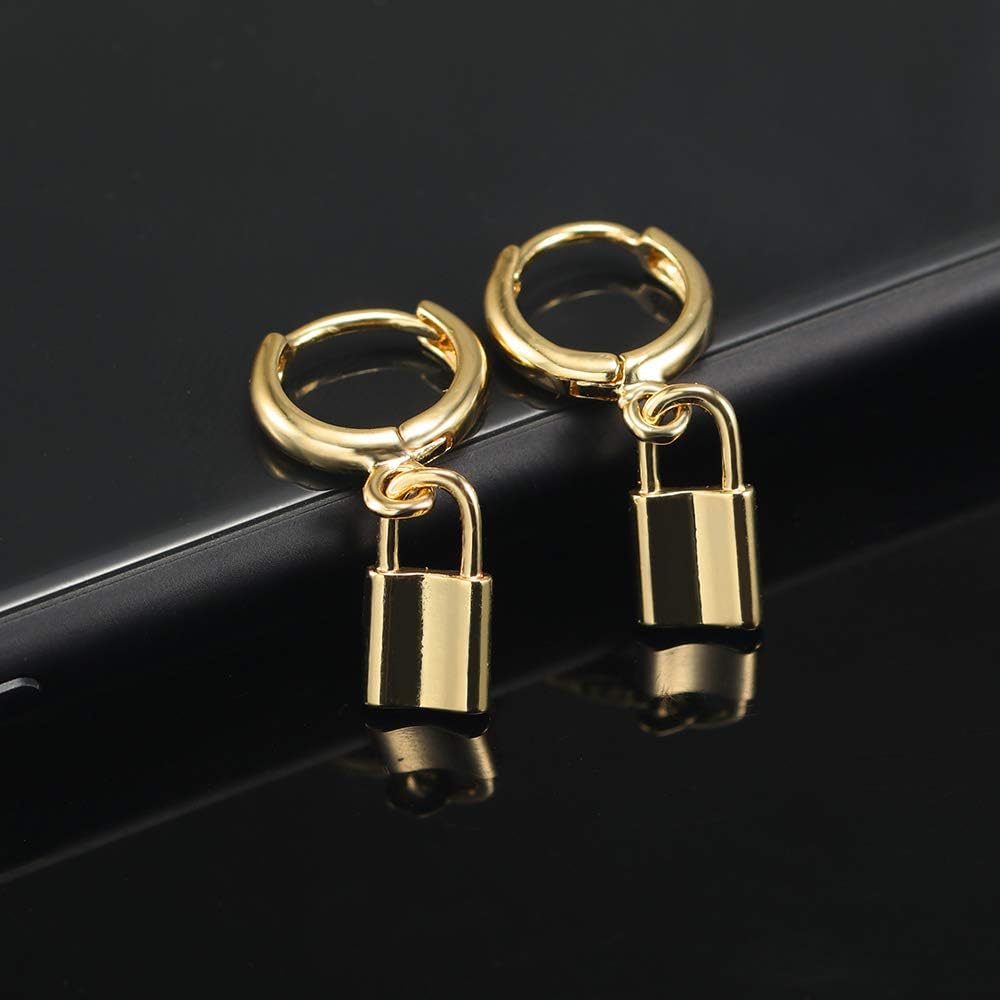 Gold Huggie Small Hoop Earrings with Charm Personalized /Star/Cross/Lock/Key 18k Gold Plated Crystal Drop Dangle Earrings for Women