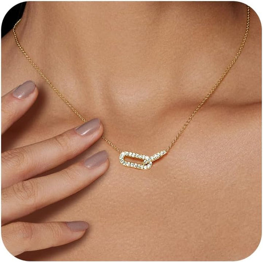18K Gold Plated Diamond Pendant Necklace - Paperclip Choker w/ Open Oval Design