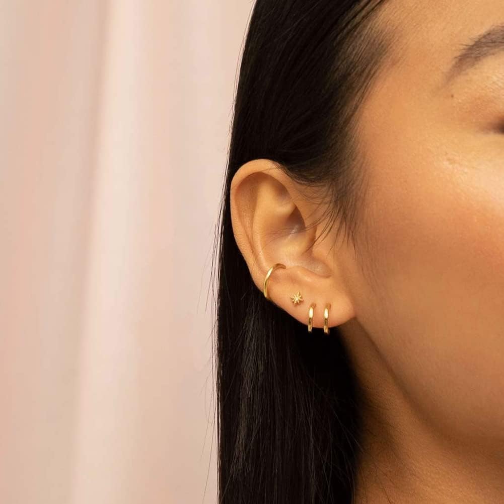 14K Gold Plated Triple Huggie Illusion Stud Earrings | Double Huggie Hoop Earrings for One Hole | Gold Hoop Earrings for Women
