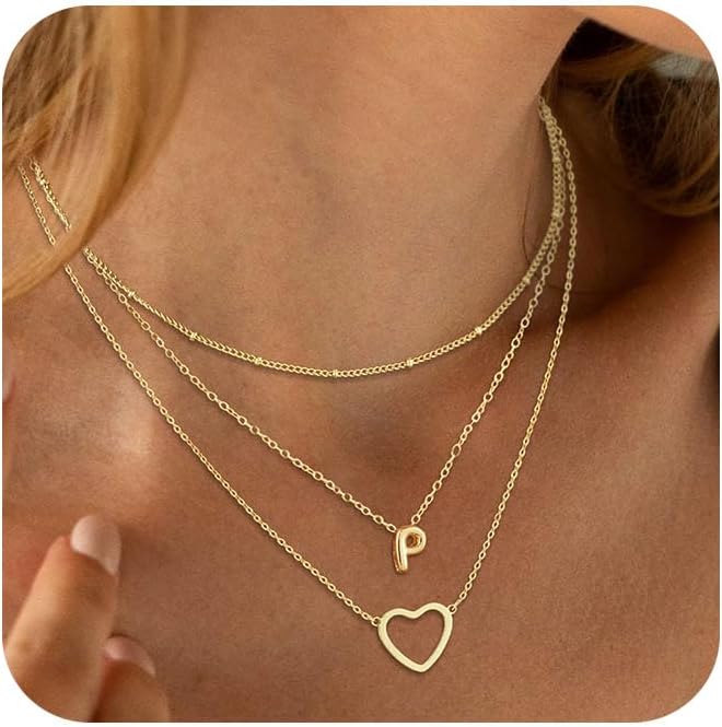 14K Gold Plated Initial Necklace, Layered Heart & A-Z Letter Personalized Gift for Women