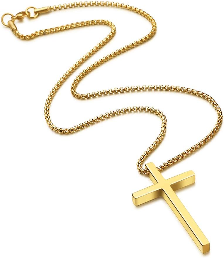 Cross Necklace For Men, Silver Black Gold Plain Cross Pendant With Adjustable Box Chain 16-30 Inch