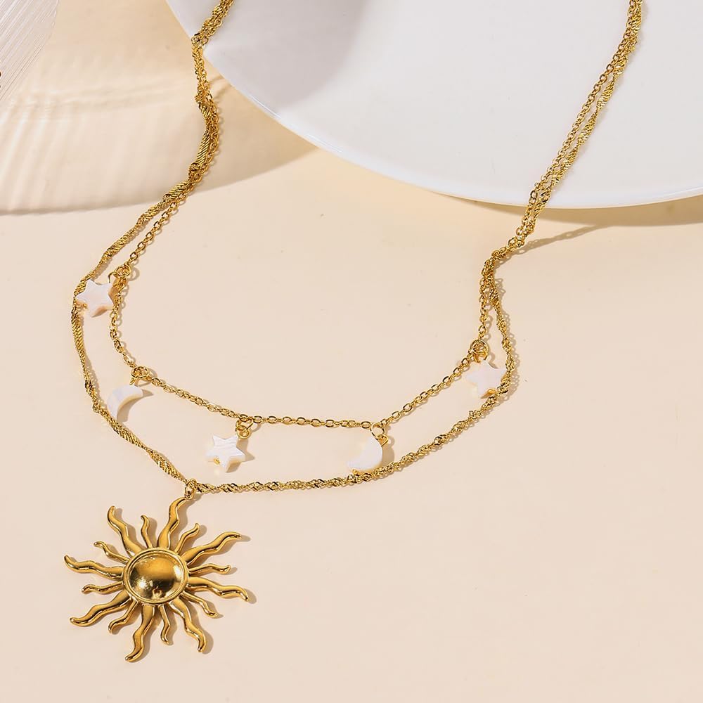 Gold Necklace for Women - Dainty 14K Gold Plated Layered Sun Pendant & Choker, Gift for Her