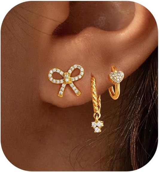 Gold Earrings for Women, 14k Gold Plated Dangle Huggie Earrings for Women Trendy Dainty Gold Hoop Earring Stacks  Pearl Chain Drop Cartilage