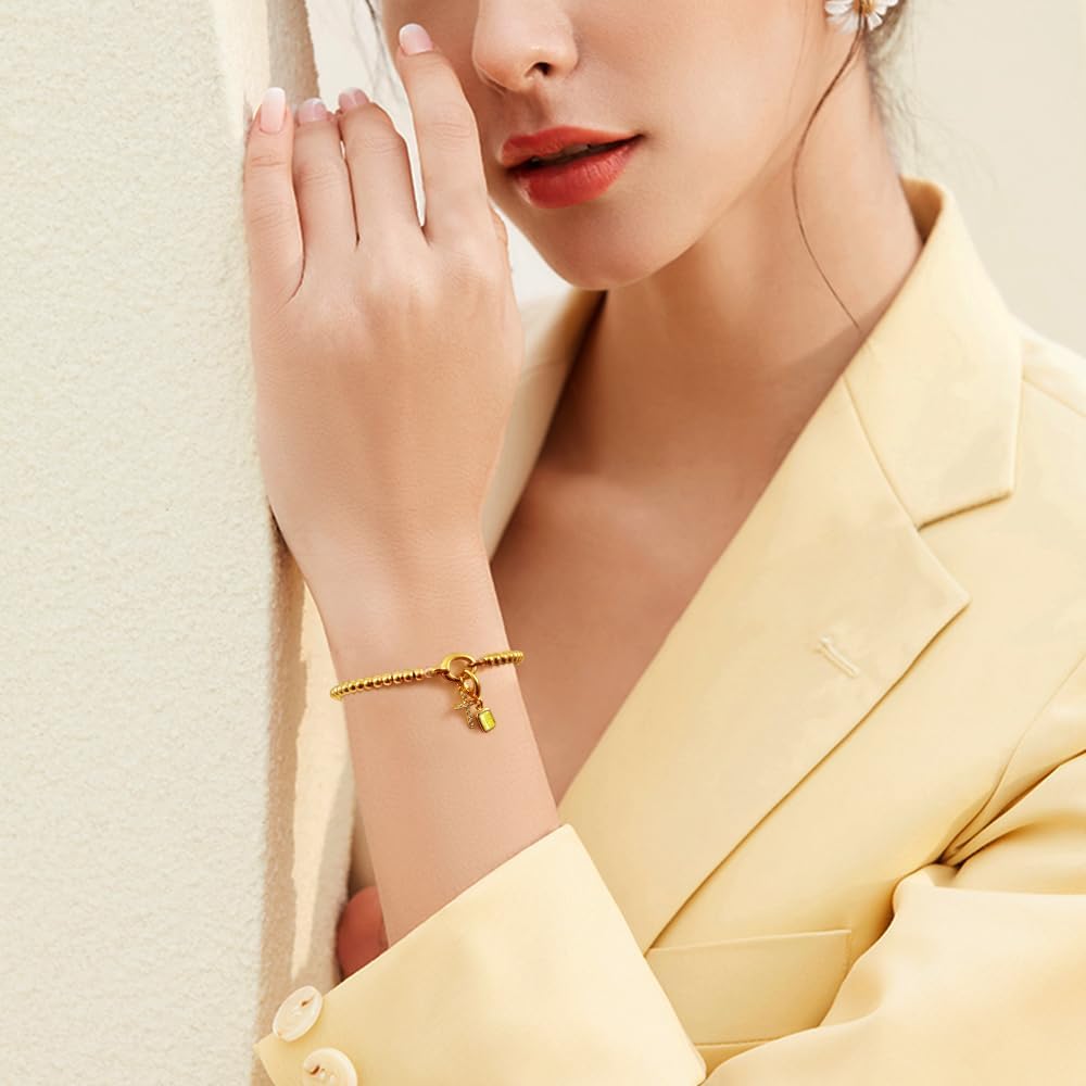 Free bird Cross Birthstone Bracelet | Dainty 14K Gold Plated Cross Charm Bracelet | Stretchable Elastic Gold Beaded Bracelet
