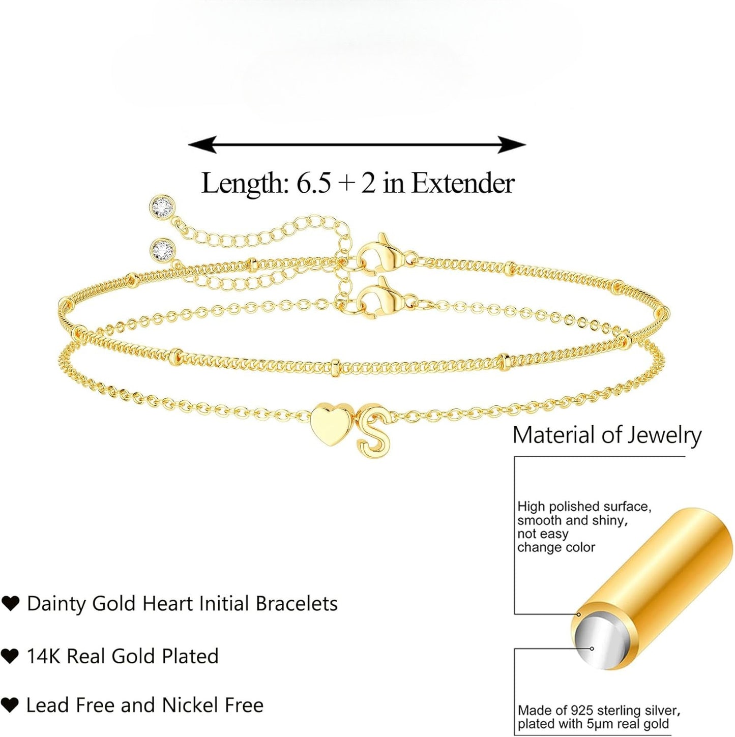 Dainty Initial Heart Gold Bracelets for Women Trendy, 14K Real Gold Letter Charm Bracelet Jewelry
