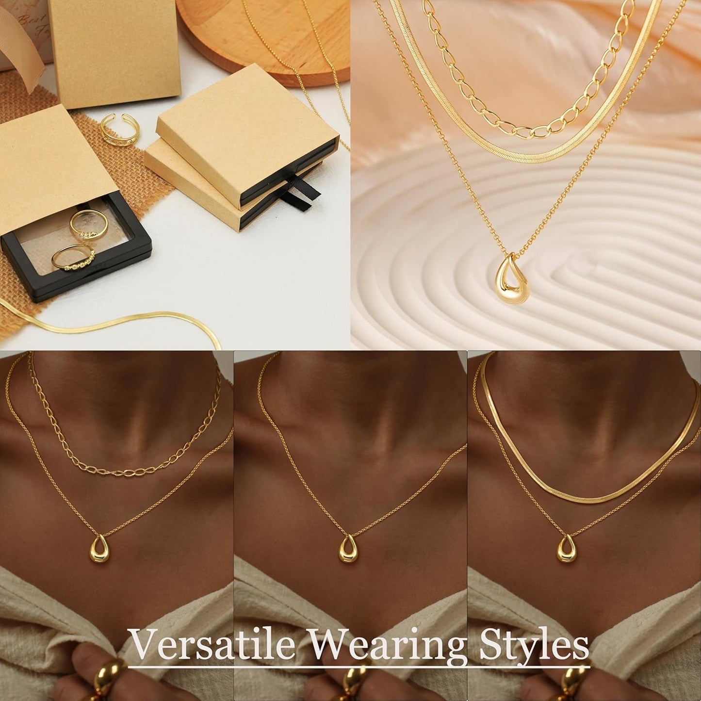 "14K Gold/Silver Plated 3Pcs Layered Necklace Set, Dainty Herringbone Choker & Chain, Trendy Stackable Jewelry for Women"